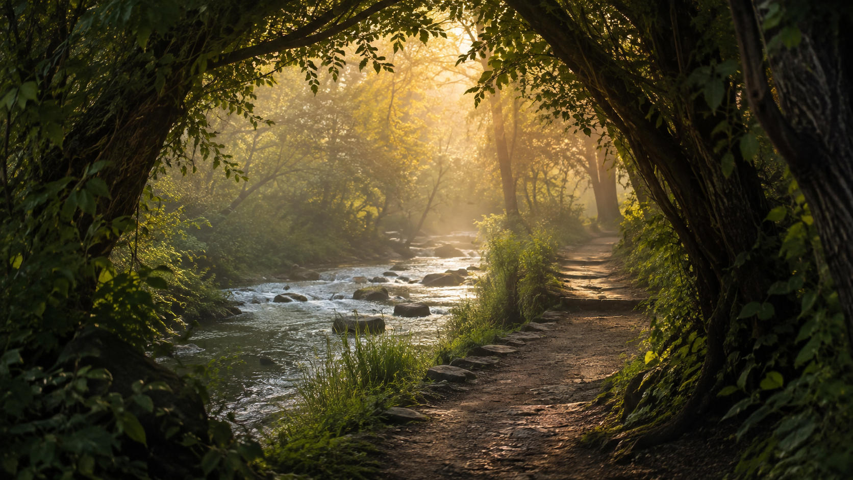 A quiet creekside path framed by trees, leading toward warm morning light